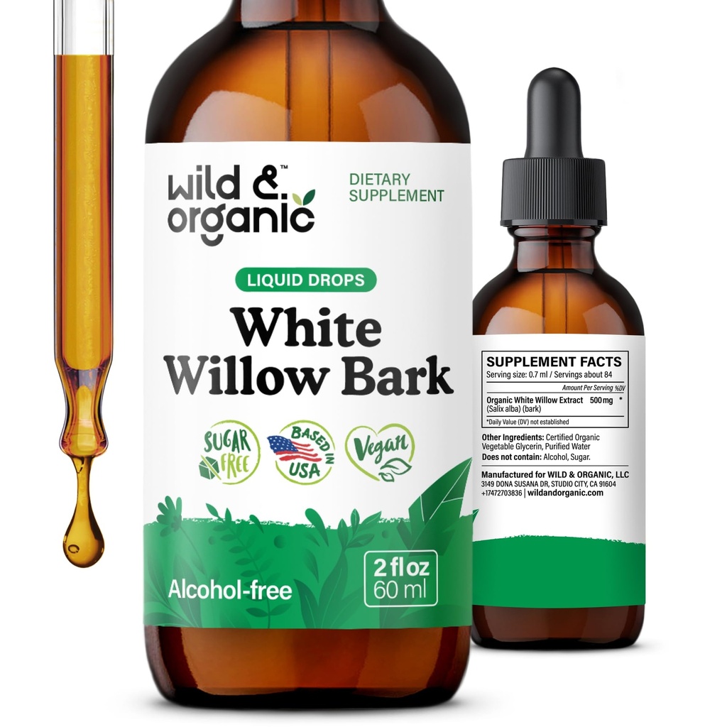 Wild & Organic White Willow Bark Extract Liquid Drops for Legs - 2 fl oz | Antioxidant Support - 500 mg White Willow Bark Herb Tincture - Add to Tea - No Sugar & Alcohol-Free Supplement