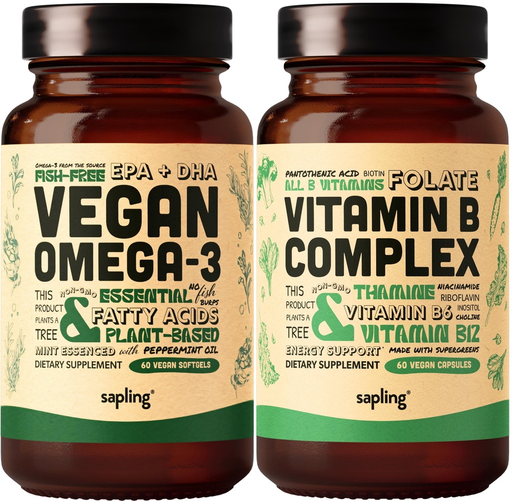 Végétaux Oméga 3 et Vitamine B complexe - Acide gras à base végétale DHA et EPA, Vitamines B essentielles avec mélange alimentaire entier, B1, B2, B3, B5, B6, B7, Folate