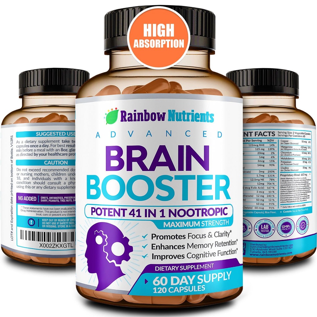 Suppléments pour booster de cerveau 40-en-1 pour mémoire, focus, clarté, énergie, performance