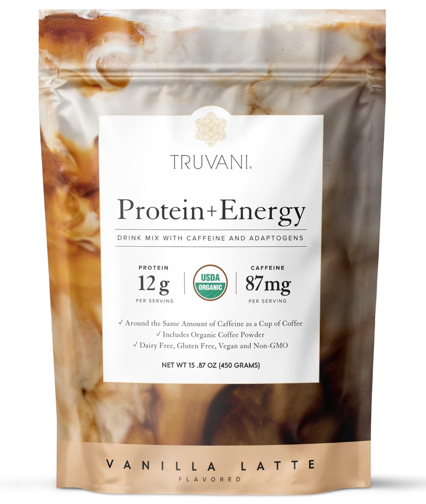 Truvani Protein + Energy Drink Mix mit 87mg Koffein | Vanille Latte | 12g Bio Pflanzen basiertes Protein | 20 Servierungen | USDA Bio-Kaffeepulver & Adaptogene | Gluten & Dairy Free | Vegan | Non-GMO