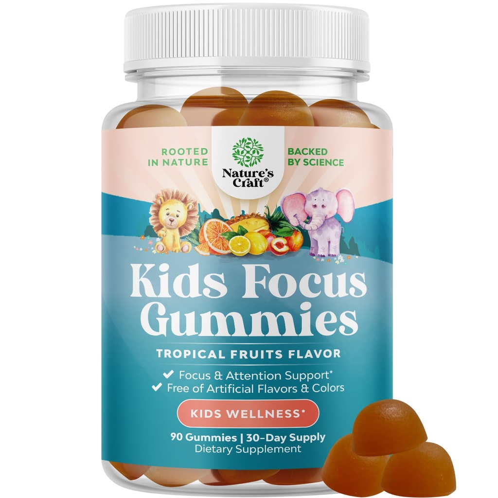 Kinder Focus Gummis - Nootropics Brain-Supplement für Kinder mit Grüner Tee-Extrakt, B6 & B12 Vitamine für Gedächtnis und Gehirn-Fokus - Kräuterkonzentrationskäse für Kinder - 90 Zähler