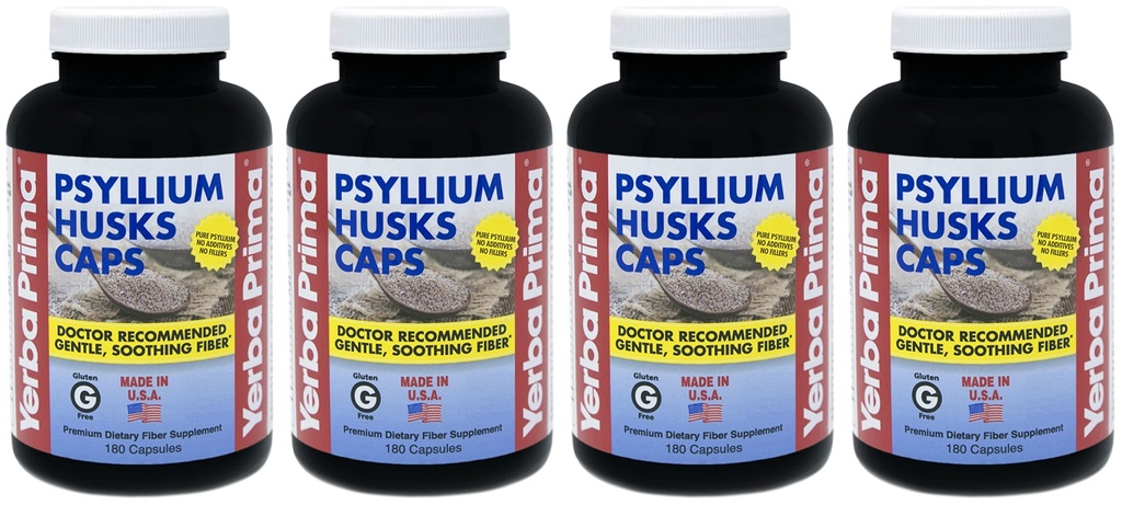 Yerba Prima Psyllium Husks Caps - 180 caps (Pack von 4) - Natural Fiber Supplement - Non-GMO Gluten Free