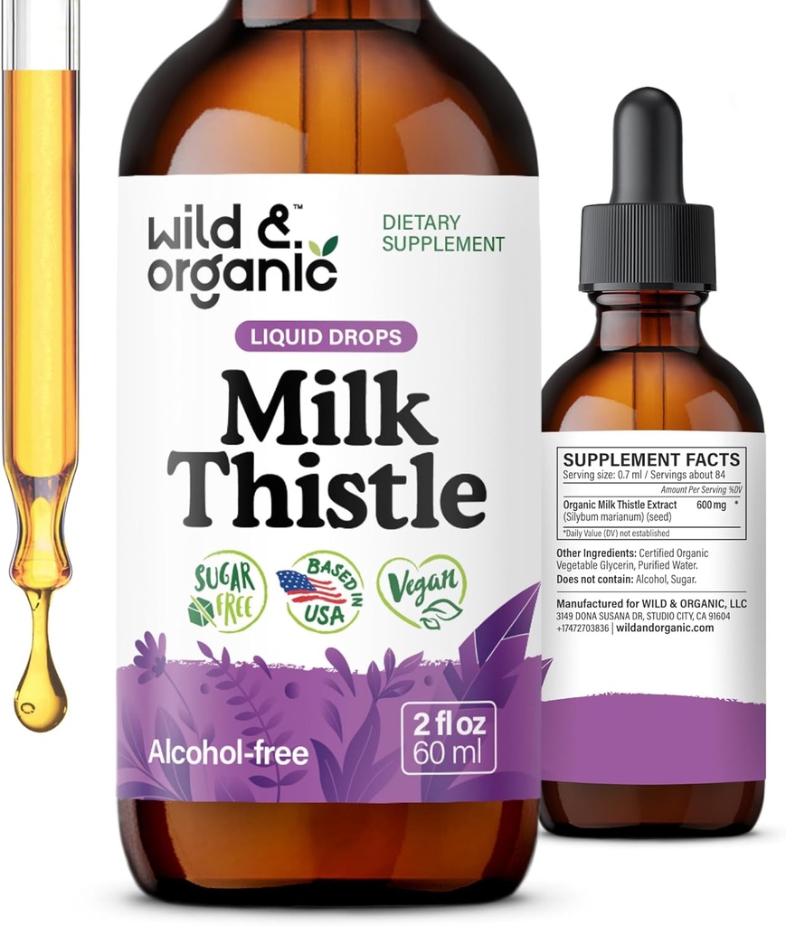 Wild & Organic Milk Thistle Extract Drops - Liver Cleanse Support - Milk Thistle Liver Detox Tincture - Silymarin Supplement - Silybum Marianum Seeds - Vegan, Zucker & Alkoholfrei - 2 fl oz