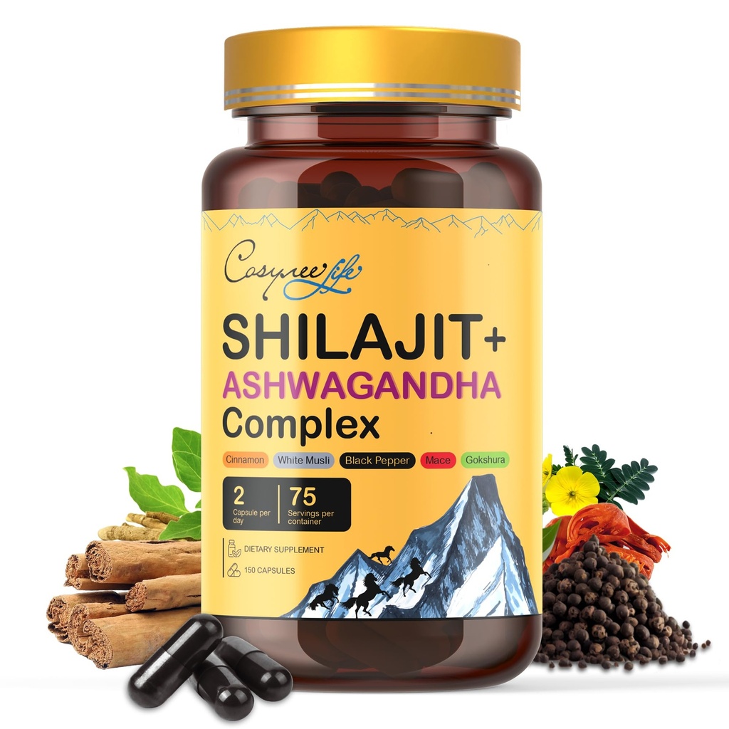 Himalayan Shilajit-Komplex mit Ashwagandha, Mace, Gokshura, Cinnamon & Piperine | Energie, Vitalität & 85+ Trace Minerals, Shilajit für Herren, Shilajit für Damen, Regular Dose - 150 Kapseln