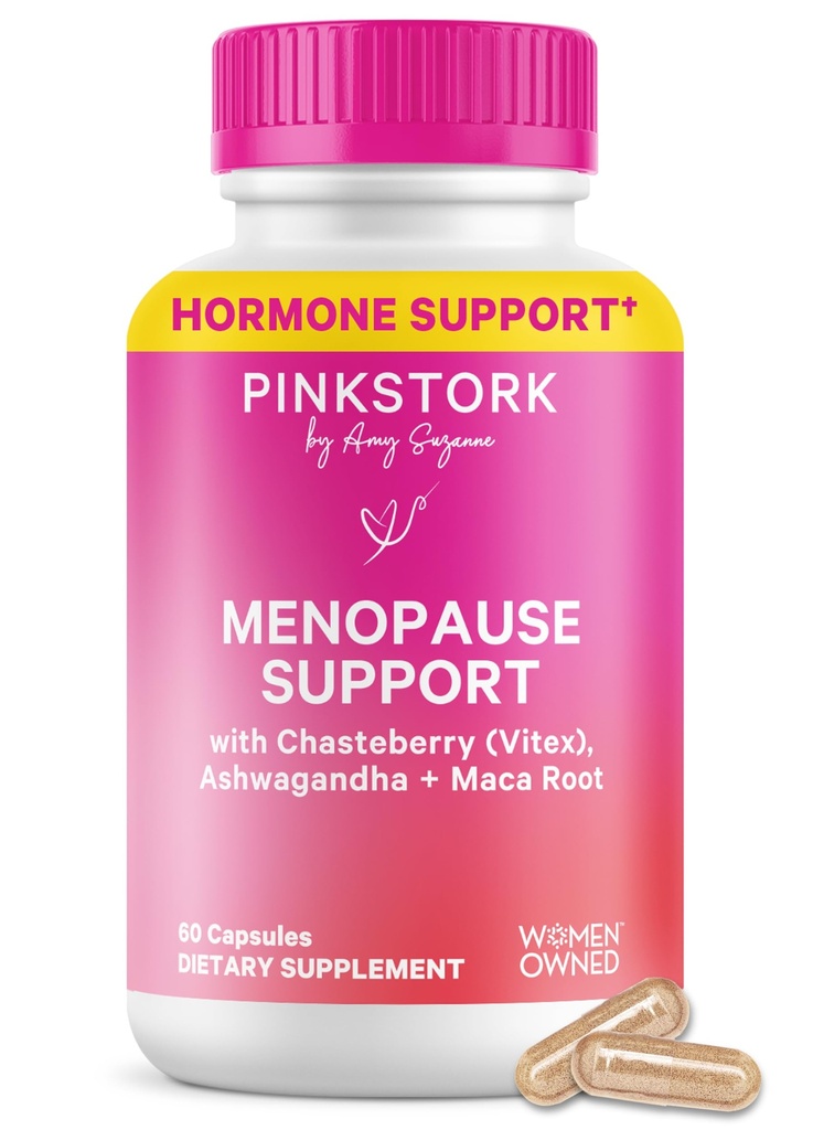 Supporto di menopausa di cicogna rosa per le donne - Flash caldo, umore, sonno, peso, Cortisol & equilibrio ormonale - Vegan, Estrogen-Free Perimenopause Relief - Ashwagandha, Maca - 60 capsule