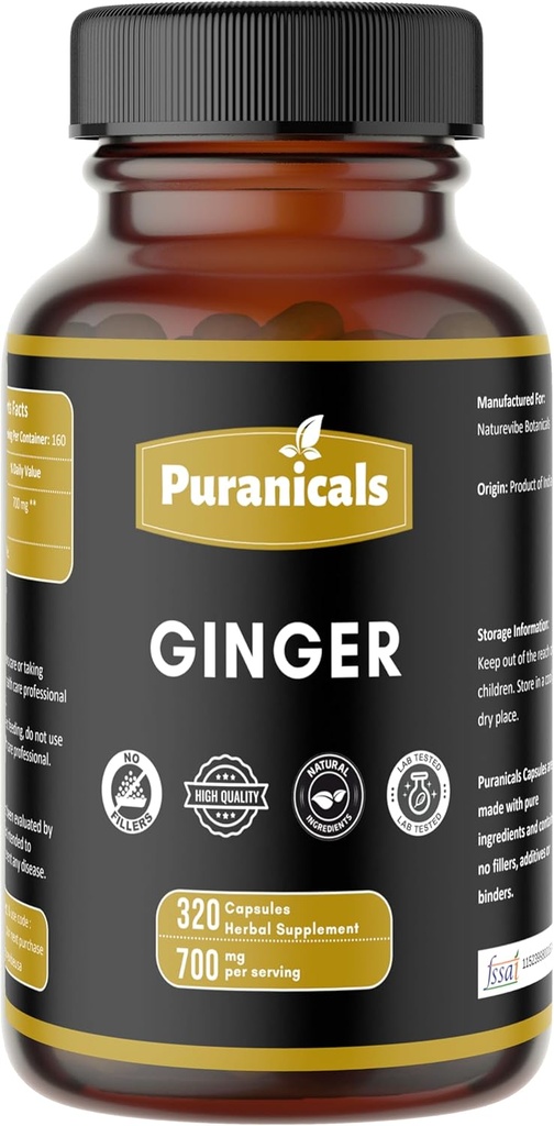 Ginger Premium 320 Capsules Non OGM e Gluten Free | Integratore di erbe | 700 mg Per Serving | Realizzato con Polvere di radice di zenzero puro al 100%
