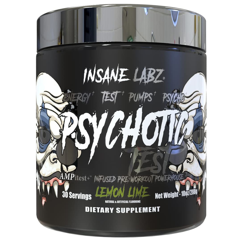 Test psychotique Insane Labz, haute énergie de testostérone et pompe boostant la poudre de pré-entraînement avec le bitartrate DMAE, l'acide D aspartique, le monostéarate de créatine HCL et de glycérol, 30 portions, citron Lime