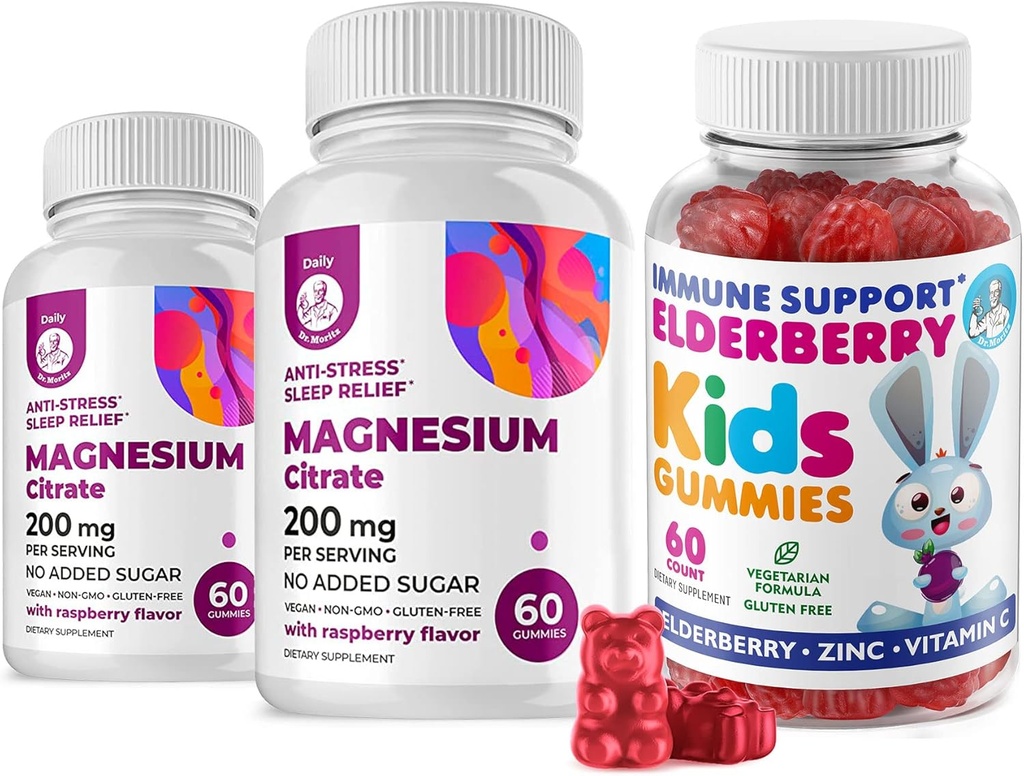 Gommies de mûre aînée pour les enfants et le magnésium 200 mg Gommies sans sucre - Système immunitaire sain Booster et soutien de la santé avec extrait de mûre aînée avec Magnésium Calme Chews pour les enfants et les adultes sans sucre