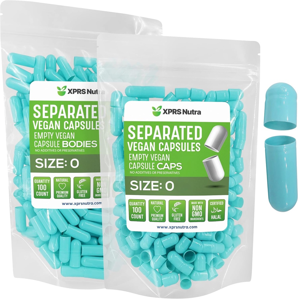 XPRS Nutra Vegan Taille 0 Capsules séparées - 100 Compte Capsules vides Premium Séparées dans des sacs - 0 Pills pour le remplissage de supplément de bricolage (Aqua)
