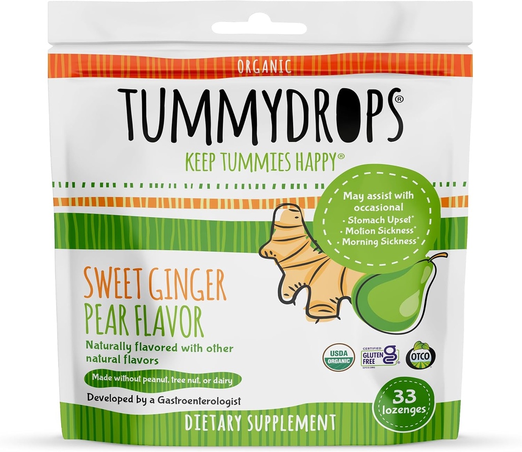 USDA Organic Sweet Ginger Pear Tummydrops, Gluten Free & Vegan. 33 Individuell Wrapped Organic Ginger Lozenges in einer wiederverschließbaren Tasche.