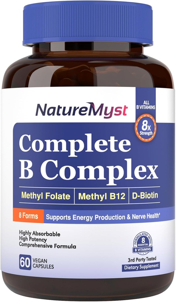 Kompletter B-Komplex, Alle 8 B Vitamine, Methyl B12, Methyl Folate, Biotin, P-5-P, hochabsorbierbar, Energieproduktion, 60 Vegan Caps