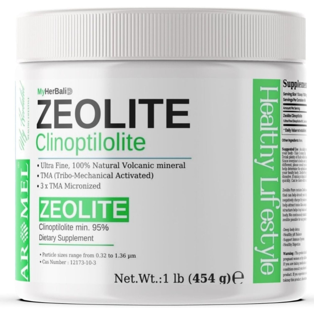 Zeolite Powder | 1 Pound - 454 g | Ultra FINE Less-Than 1 μm | Clinoptilolite 95% | 3X attivato | Sicuro, Gentle, & Efficace Energy | Polvere Zeolite originale (454 Serve) | Myherbalid