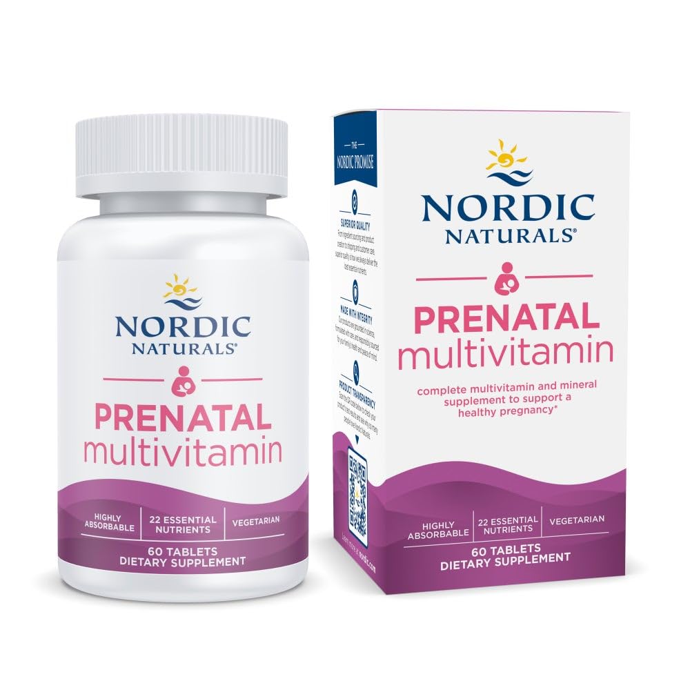 Nordic Naturals Prenatal Multivitamin für Frauen - Tägliche vegetarische pränatale Vitamine - 22 essentielle Nährstoffe, einschließlich B6, Folate, und Eisen - 60 Tabletten - 30 Servietten