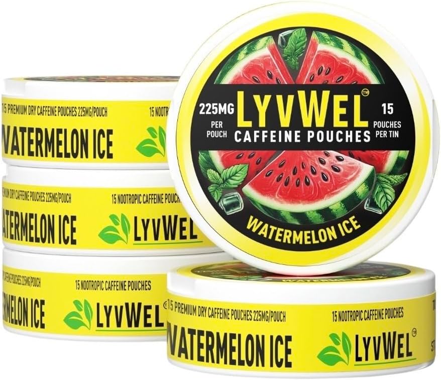 LyvWel 225mg Pouches d'énergie caféine – Paquet 5-Paquet de glace à la pastèque (75 Pouches) – Énergie rafraîchissante & Focus – Guarana-Enhanced Clean Boost for Workouts & Grind