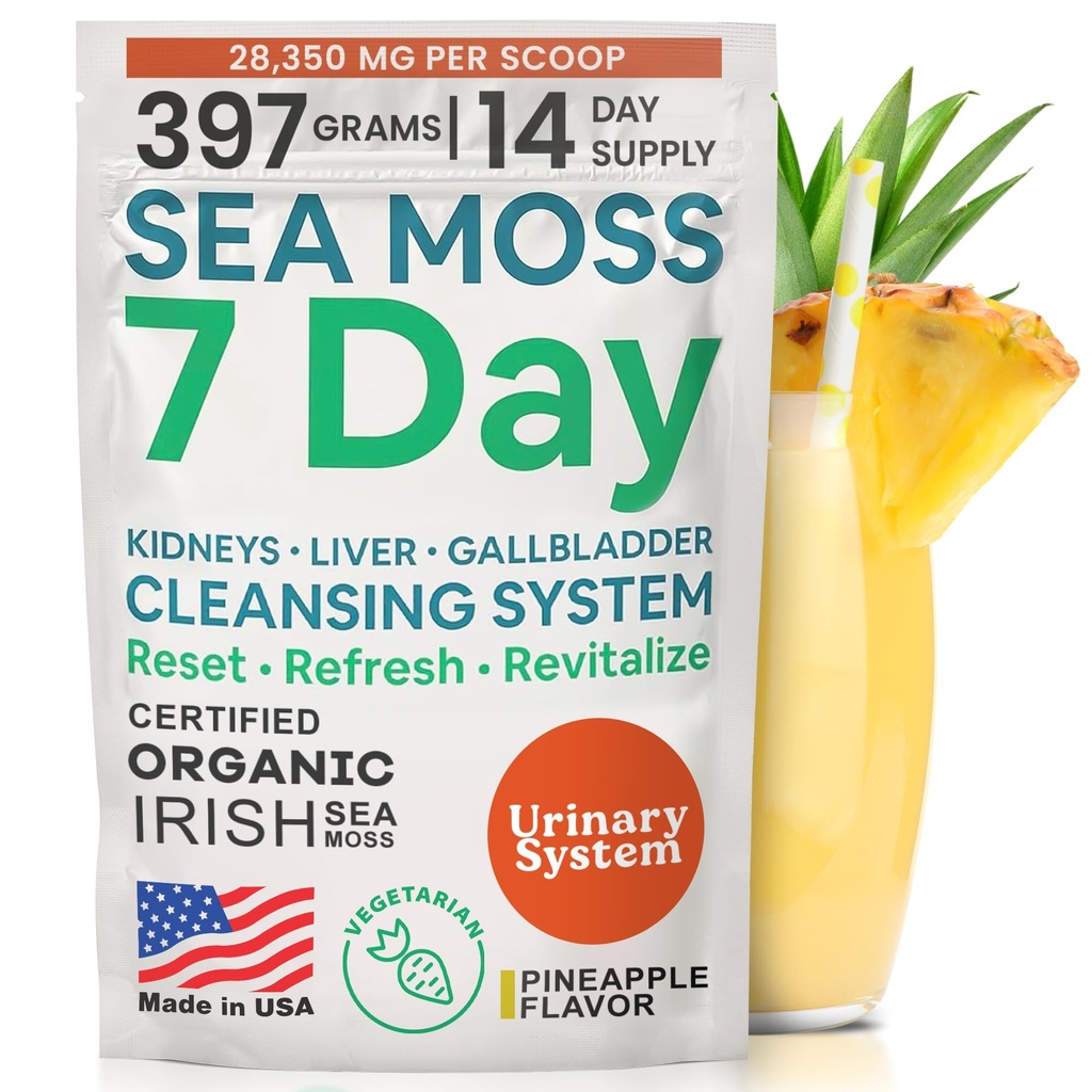Atlantic Naturals Sea Moss 7 Day Detox Liver, Gallbladder & Kidney Cleanse - Unterstützung mit Dandelion Root, Milk Thistle, Burdock Root, Red Clover, Chanca Piedra - Ananas Flavor Drink Mix (14 oz)