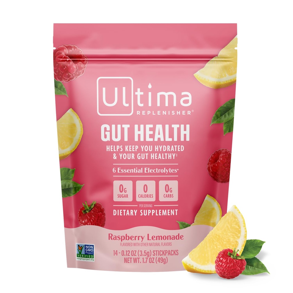 Ultima Replenisher Gut Health Supplement und Elektrolyte Pulver - Raspberry Lemonade, 14 Stickpacks - Hydration Packets mit hinzugefügt Gut Health Benefits