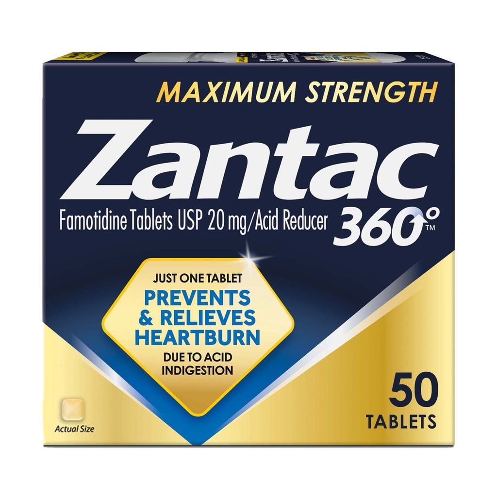 Zantac 360 Comprimés de force maximale, 50 Compte, Prévention et soulagement des brûlures d'estomac, 20 mg Comprimés