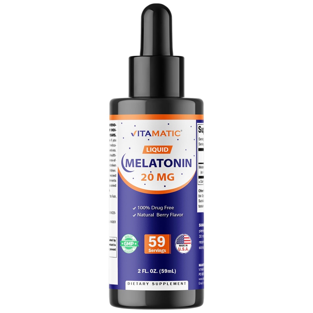 Vitamatic Melatonin 20mg Flüssigkeitstropfen – 2 flüssige Unze (59ml) – Natürliche Berry Flavor – für Erwachsene – Non-GMO – Vegetarische Ergänzung