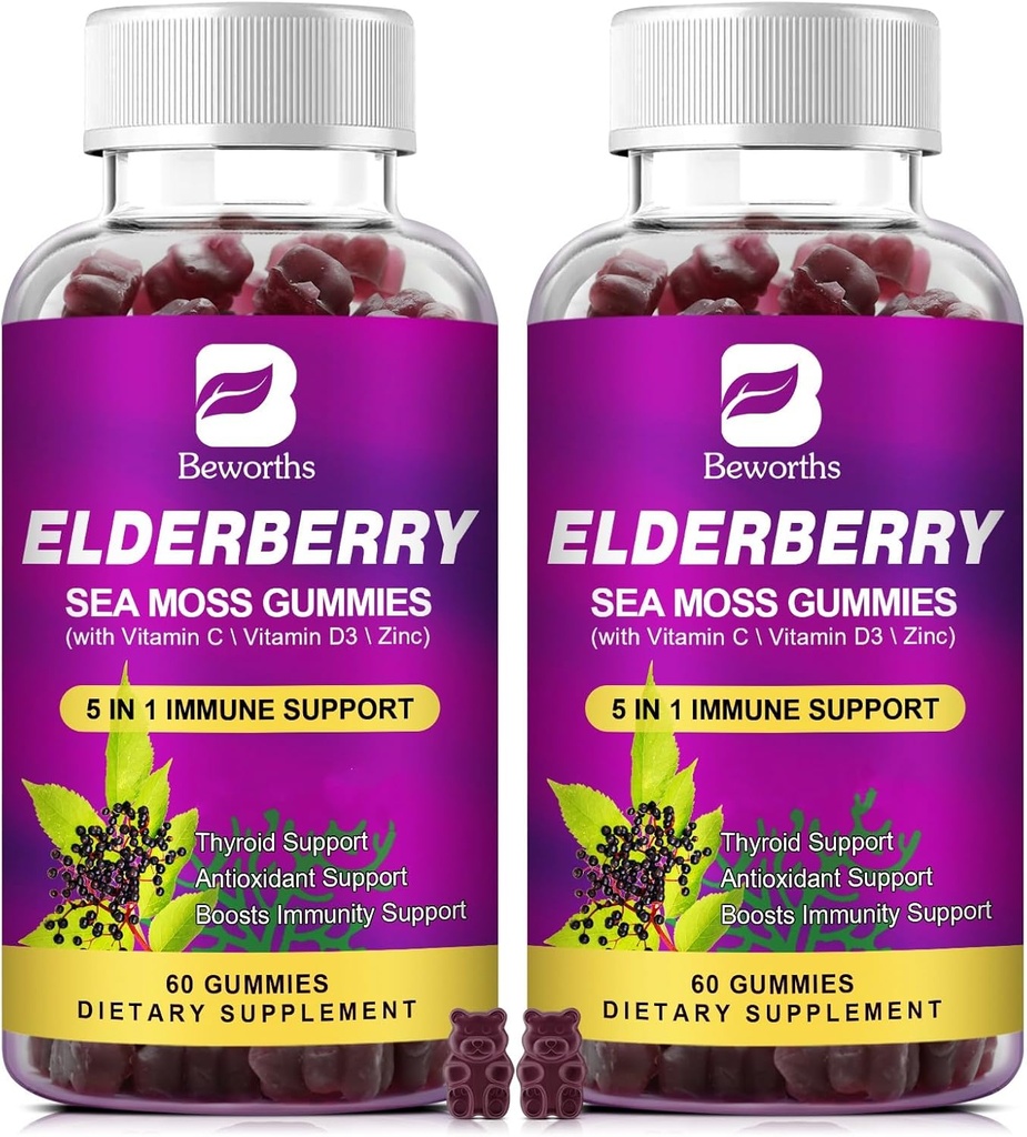 (2 Pack Elderberry Gummies & Irish Sea Moss, Organic Sambucus Elderberry Gummy with Seamoss, Zinc, Vitamina C, D3, Multivitamin Elderberry Vitamins - Sugar-Free