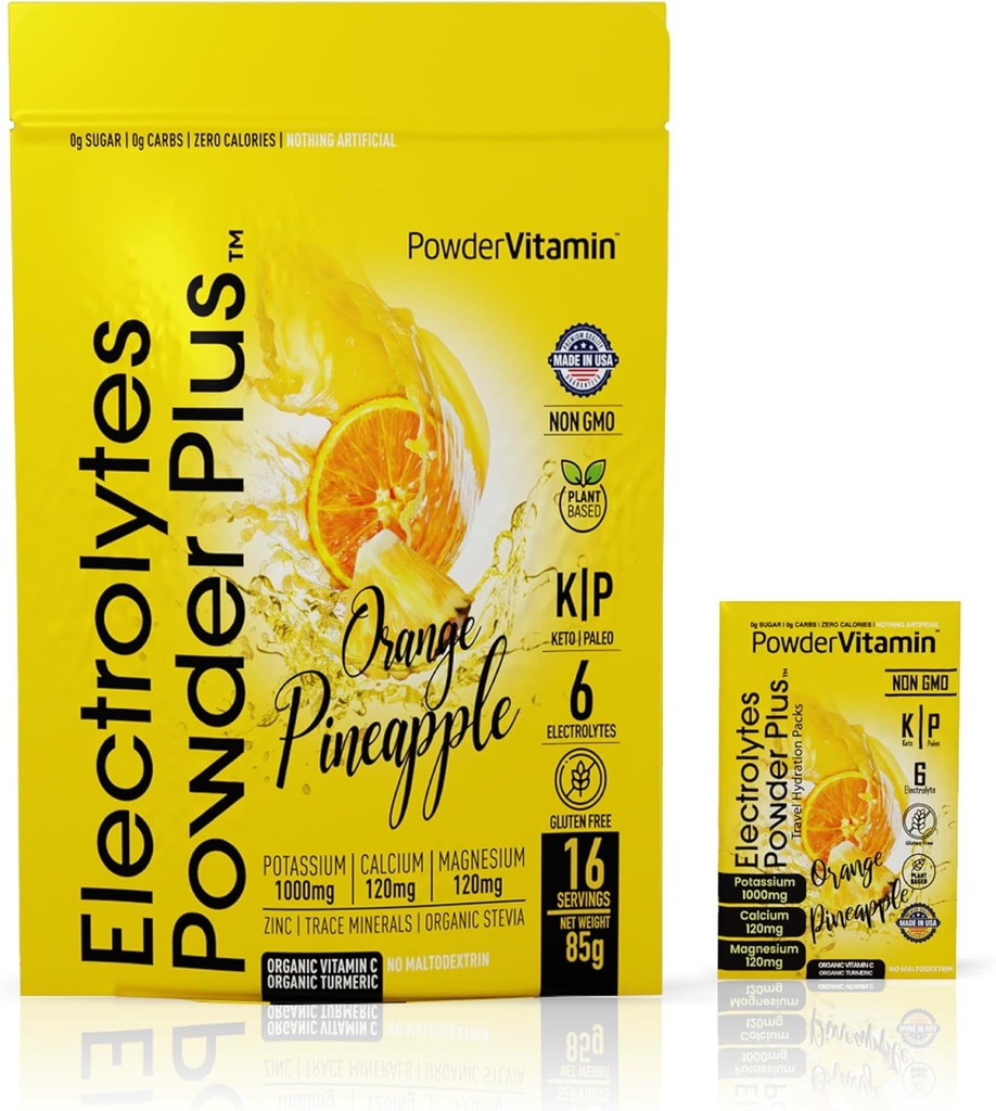 PoudreVitamine Electrolytes Poudre Plus, Céto, Ananas orange, Sans sucre, Sel rose d'Himalaya, 1000mg Potassium, 120mg Calcium, 120mg Magnésium, Non-OGM, Zéro Calories, (16 Packets d'hydratation)