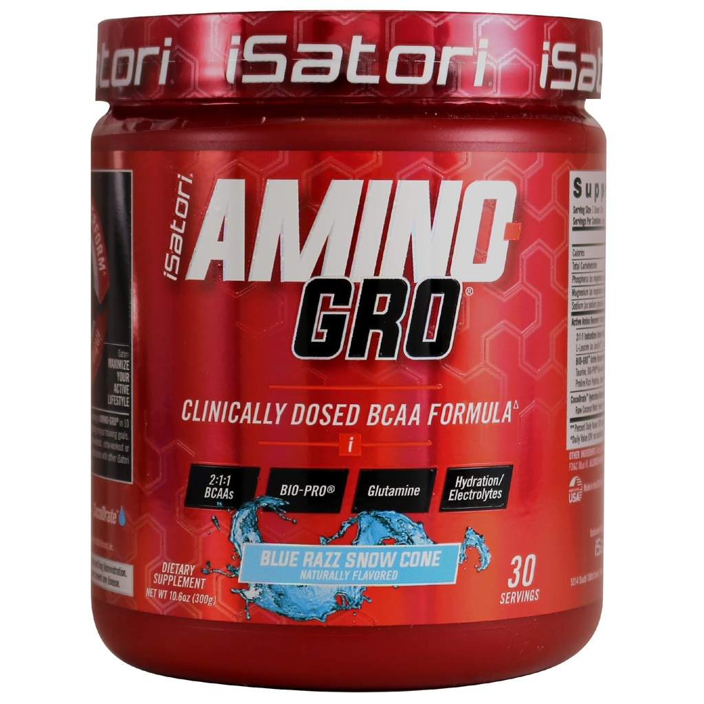 Polvere di iSatori Amino-GRO BCAA, Aminoacidi a catena ramificata con Glutamina, Polvere di elettrolita & Bio-GRO Bio-Active Peptides per la crescita del muscolo & post Workout Recovery, Cono di neve Razz blu (30 Servings)