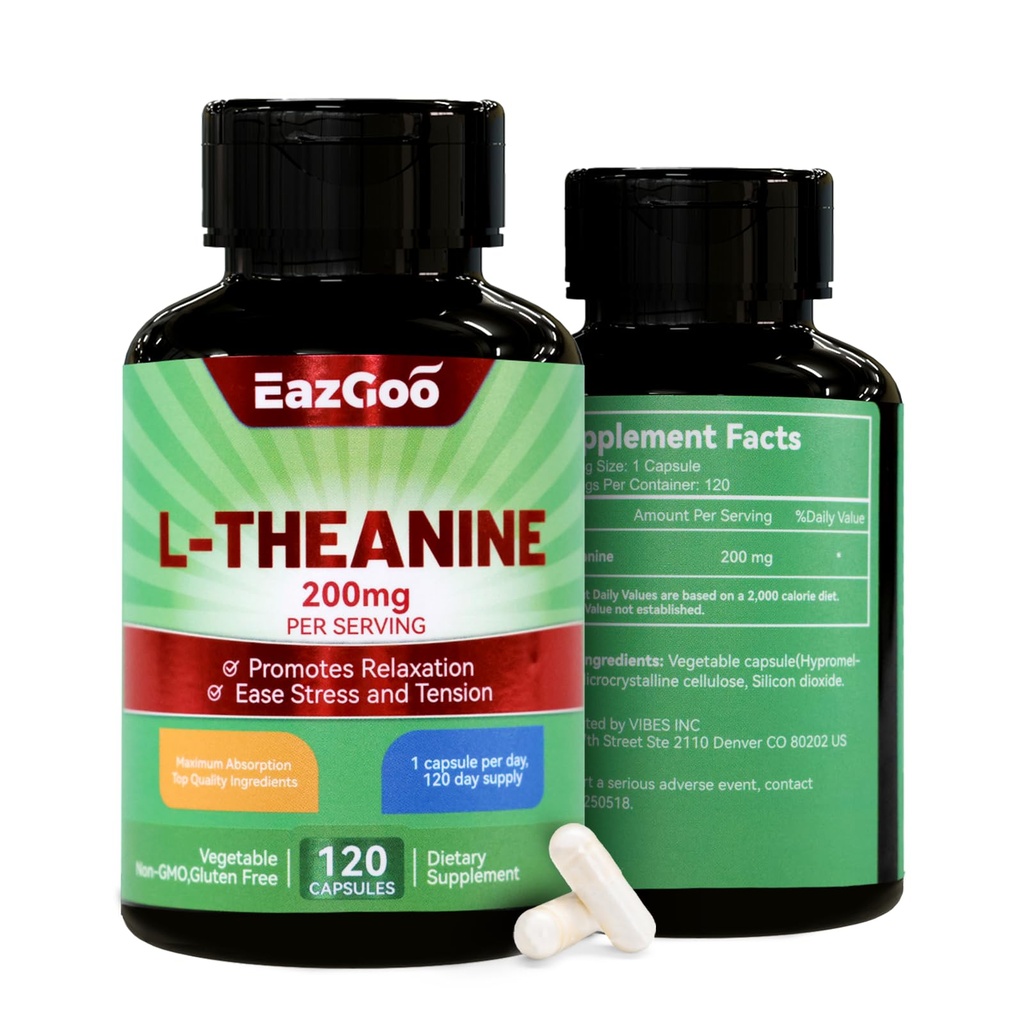 L-Theanine 200mg, supplément acide amino pour soutenir la relaxation, le stress, les capsules de L Theanine - non-OGM, sans gluten, 240 capsules de légumes