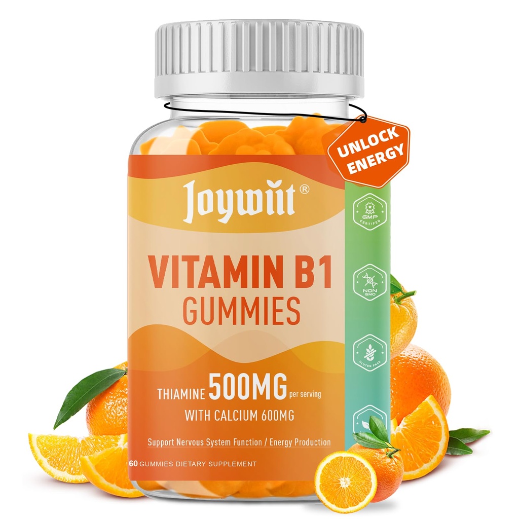 Vitamin B1 Gummi 500mg, Kaubares Thiamin B1 Ergänzung für Erwachsene, mit 600mg Calcium Citrat, Unterstützung Nervous System, Vegan, Natürliche Orange Flavor