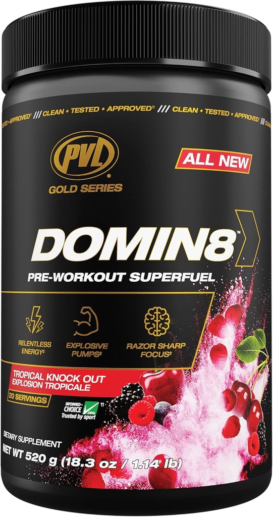 PVL Gold Series Domin8= Supercarburant avant l'entraînement - Pleine dose Pré-entraînement - 520 g - Tropical Knock Out