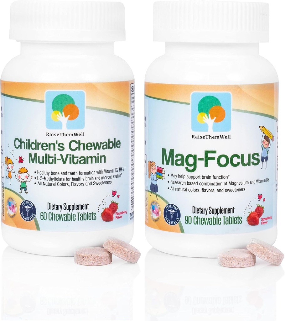 Raise Them Well Mag Focus | Citrato di maganesio & B-6 per bambini| Natural Strawberry Flavored Magnesium Focus Supplements e Grande Tasting Multivitamin per bambini Bundle