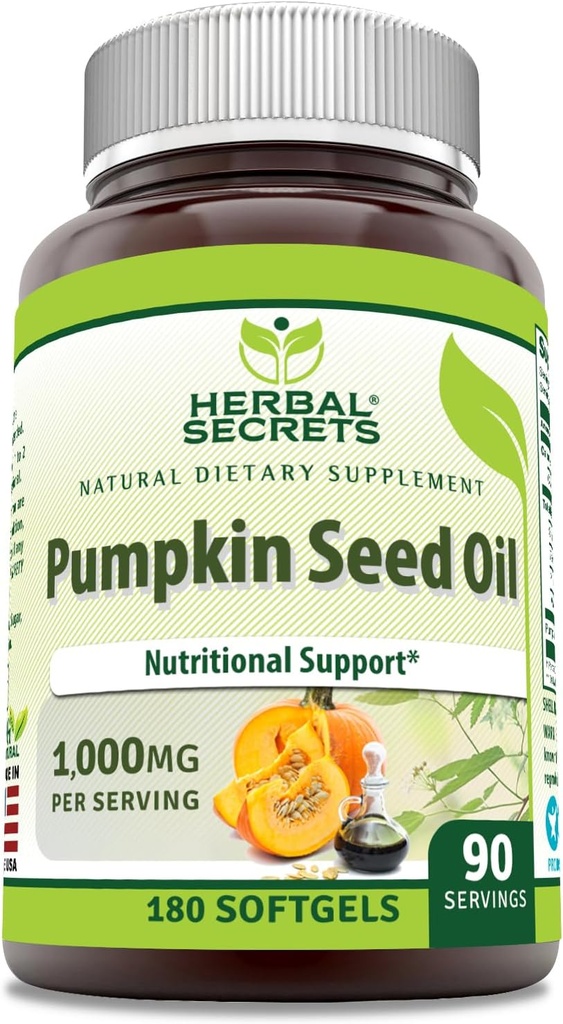 Herbal Secrets Huile de semis de citrouille Supplément 1000 Mg $ 180 Softgels $ Non-GMO $ Sans gluten $ Fabriqué aux États-Unis