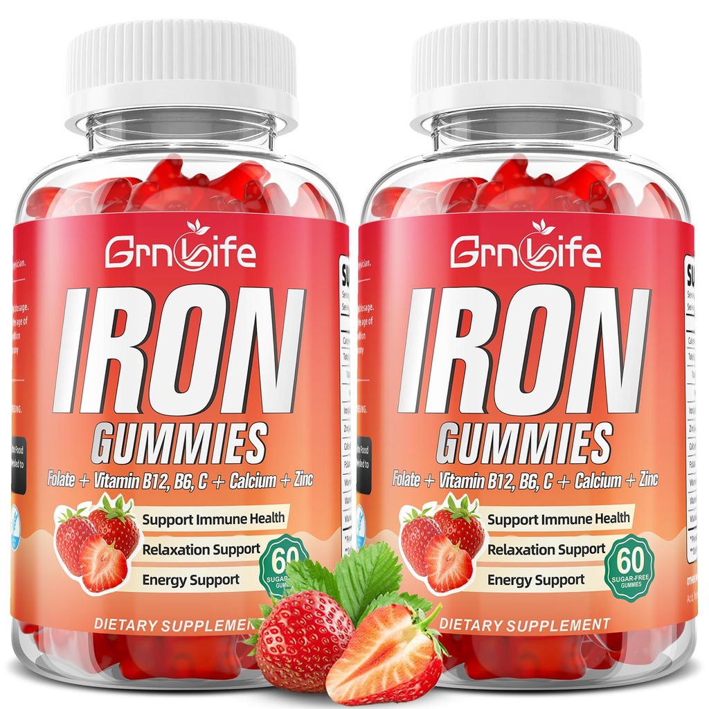 Gummie di ferro per le donne, uomini e bambini, supplemento di ferro senza zucchero con calcio, zinco, follia & vitamina B12, C, B6 - per la costruzione del sangue & supporto energetico, anemia, fragola, 120 conte