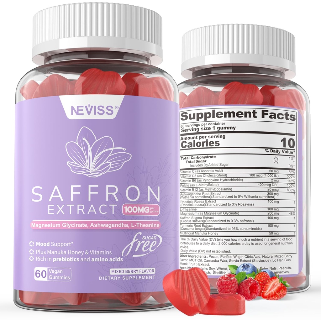 Integratori di zafferano Gummies 100mg - 100% puro di zafferano estratto con glicinato di magnesio, L-teanina, curcuma, Ashwagandha, miele e vitamina B complesso per Mood & Power, Antiossidante, Vitalità - 120 Conte