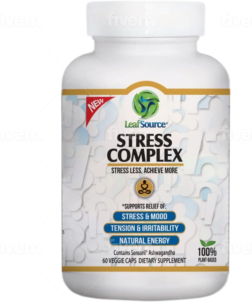 LEAFSOURCE Stress Complex – Natural Stress Relief & Energy Boost - Advanced Ashwagandha Sensirol® - Reduziert Irritabilität, verbessert Fokus, Ruhe & Schlaf - Fatigue Fighting - 60 Kapseln