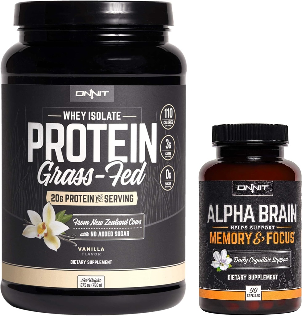 ONNIT Nootropic + Sports Nutrition Stack - Alpha Brain (90ct) + Gras Fed Whey Protein (Vanilla)