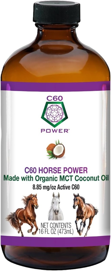 C60 Potenza del cavallo - C60 in olio di cocco MCT biologico, supporto benessere naturale per cavalli, 99,99% Fullerenes puro carbonio, promuove l'invecchiamento sano, energia, &amp; mobilità - 16 fl oz Bottiglia