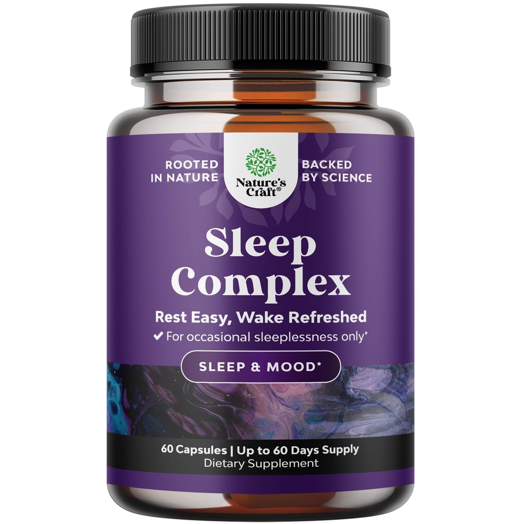 Natures Craft Natural Refreshing Sleep Formula - Unterstützt gesunde Erholung - Non Addictive Supplement - Magnesium L-Theanine GABA - Reinste pflanzliche Inhaltsstoffe