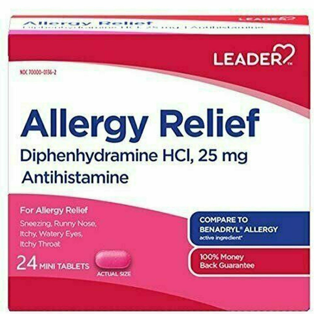 Leader Antihistamin Allergy Relief Diphenhydramin HCl, 25mg Mini Tablets, 24 Zähler