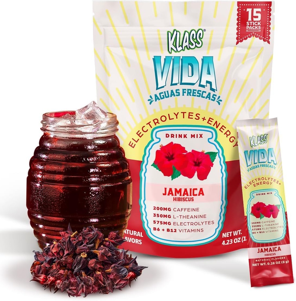 Idratazione + Energy Electrolyte Drink Mix – Hibiscus Agua Fresca Flavor | Polvere senza zucchero con caffeina, L-teanina, Coconut Water & Minerals | 15 Stick Packs, Calorie basse