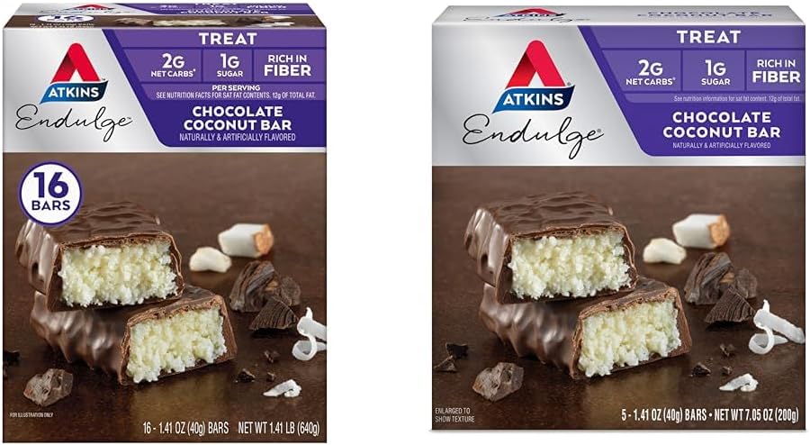 Atkins Endulge Chocolat Coconut Bar 16 Compte et 5 Compte Bundles, Dessert préféré avec chocolat et saveurs de noix de coco, Haute en fibre, 1g de sucre par portion