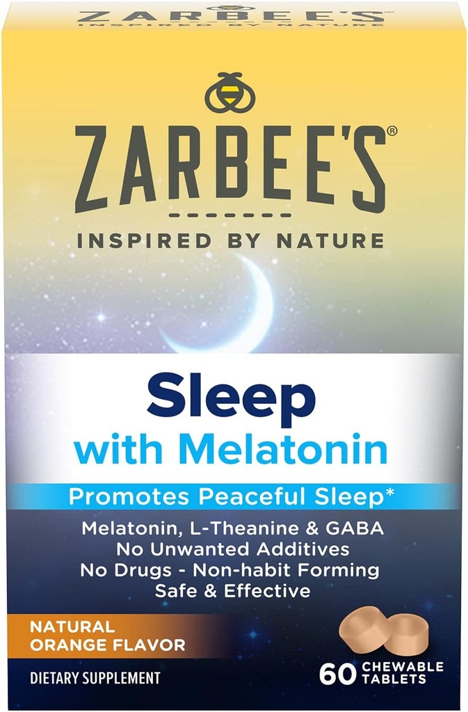 Zarbee's Melatonin 5mg, L-Theanine + GABA Schlaf-Ergänzung zur Förderung eines friedlichen Schlafs, Natürliche Orange Geschmack, Kautabletten für Erwachsene Alter 12 Up, 60 Count