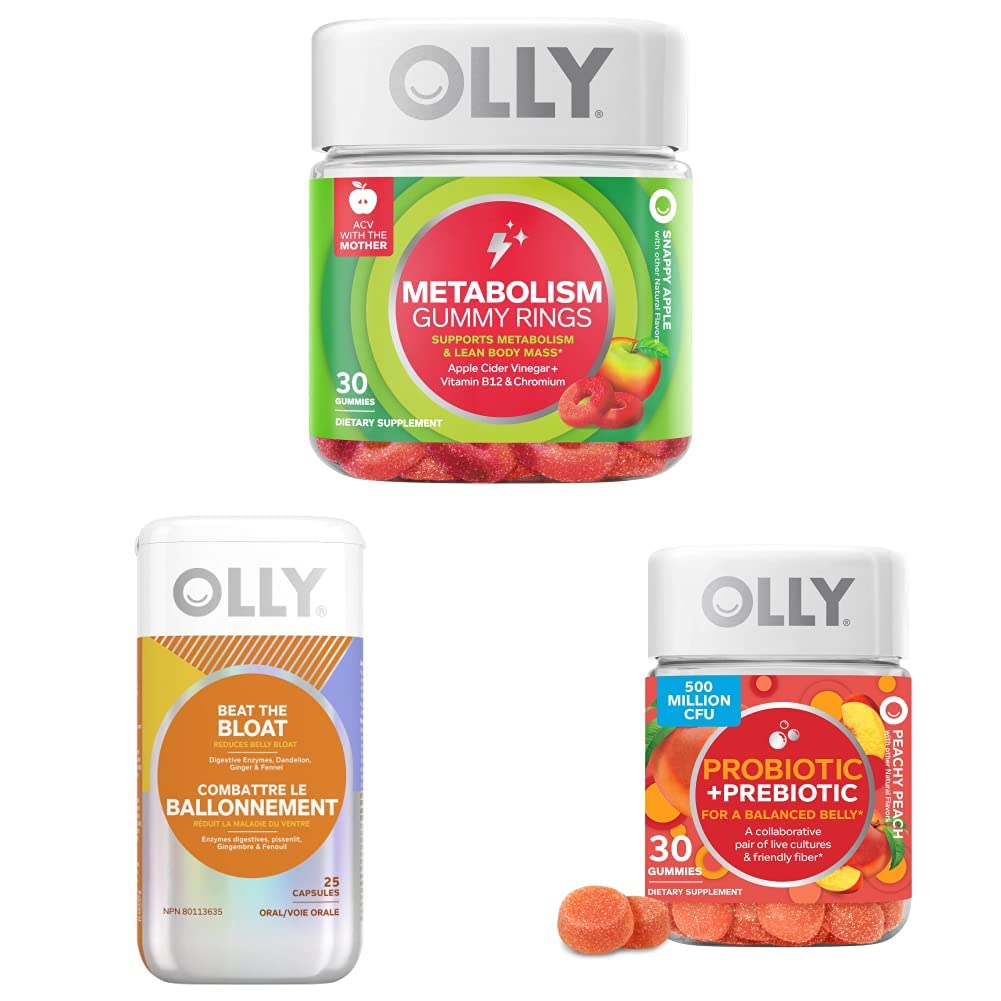 OLLY Metabolism Gummy Rings, Aceto di sidro di mele, Vitamina B12, Cromo, Energia e Digestivo Salute Chewable Supplement (30 Conte) e OLLY Beat The Bloat Capsules, Enzimi di supporto digestivo, Supplemento per le donne (25 Conte)