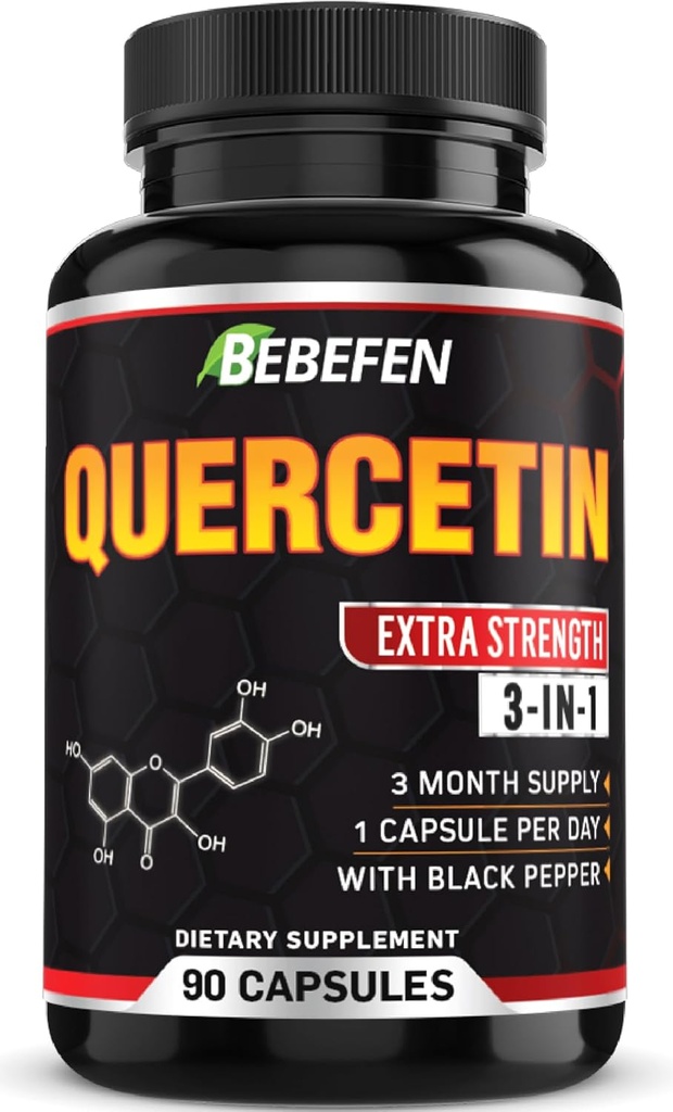 BEBEFEN Quercetin Capsules - 7050mg Pillole di Formula con Estratto di Pepe Nero - 90 Capsule Pillole di Quercetina per Supporti Salute Immune & Salute Cardiovascolare - 3 Mesi di Alimentazione