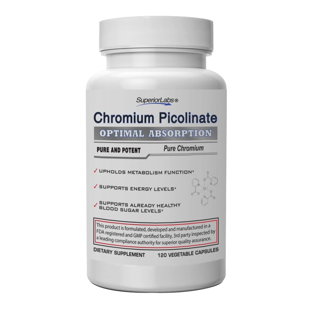 I laboratori superiori cromo picolinato 500mcg, ad alto assorbimento, non OGM, supporto di zucchero e metabolismo del sangue, gestione della cravatta del peso e dell'alimento, aiuta la sensibilità dell'energia e dell'insulina, 120 tappi di veg