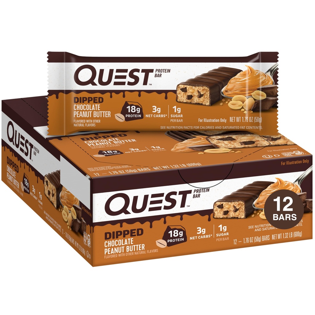 Quest Nutrition Dipped Chocolate Peanut Butter Protein Bars, 18g Protein, 1g Zucker, 3g Net Carbs, Glutenfrei, 12 Count