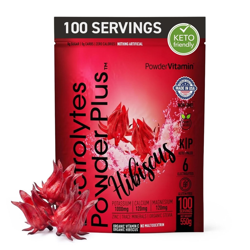 PulverVitamin Elektrolyte Pulver Plus (100 Portionen) Hibiscus Elektrolyt Pulver Zero Calorie Keto,0 Zucker, kein Maltodextrin,1000mg Kalium,120mg Calcium,120mg Magnesium, Hydration Pulver