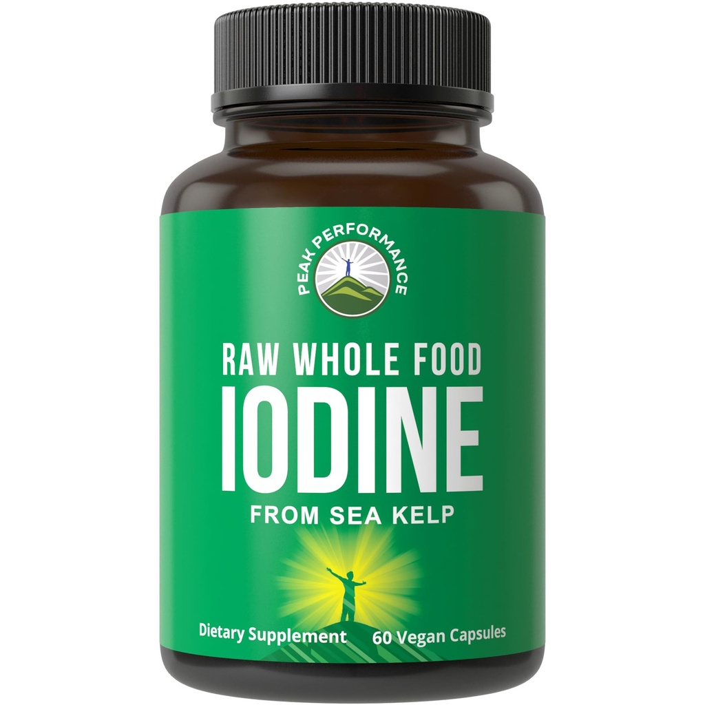 Raw Whole Food Iodine Supplement from Organic Kelp (Ascophyllum Nodosum) par Peak Performance. Tablettes de soutien à l'iodure de potassium pour le métabolisme, l'énergie et l'Immune. 60 gélules, pilules.