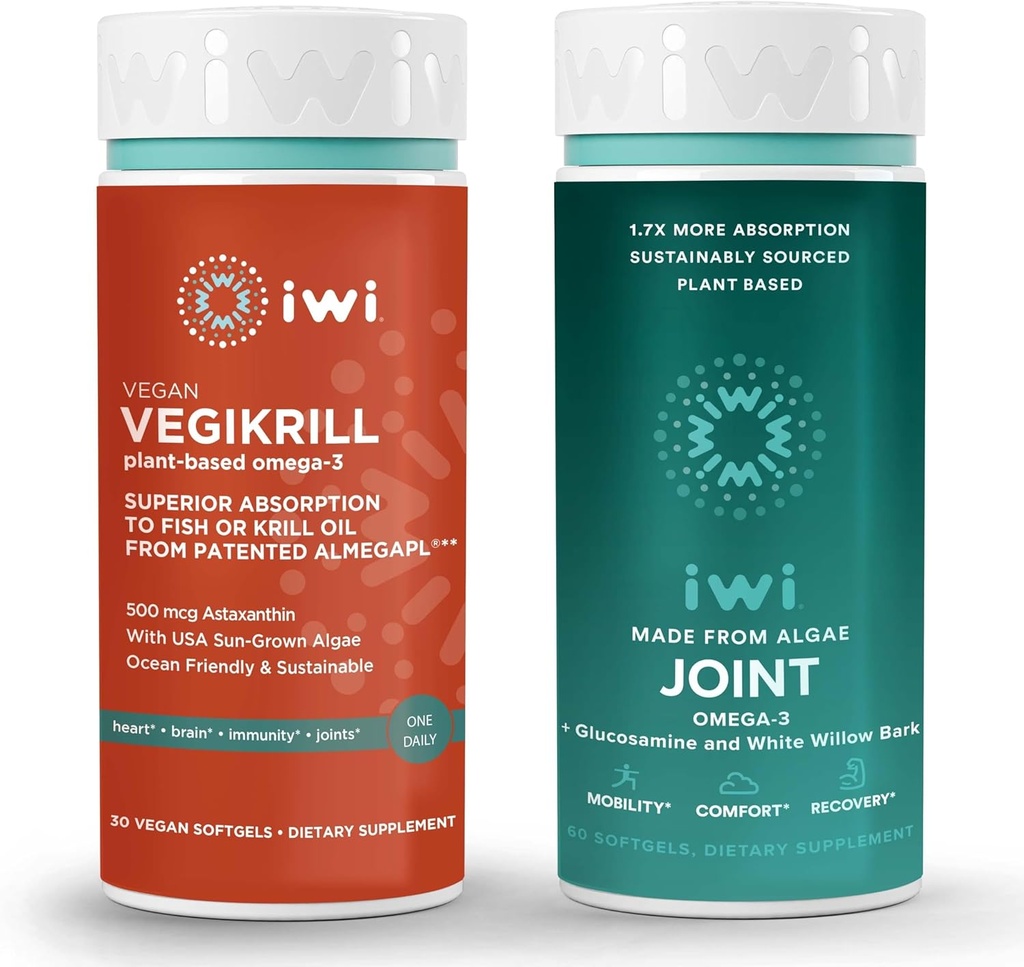 iwi Life Vegikrill & Joint Omega-3 Bundle, 30 Servings, Vegan Plant-Based Algae Omega 3, Krill & Fish Oil Alternative, No Fishy Aftertaste