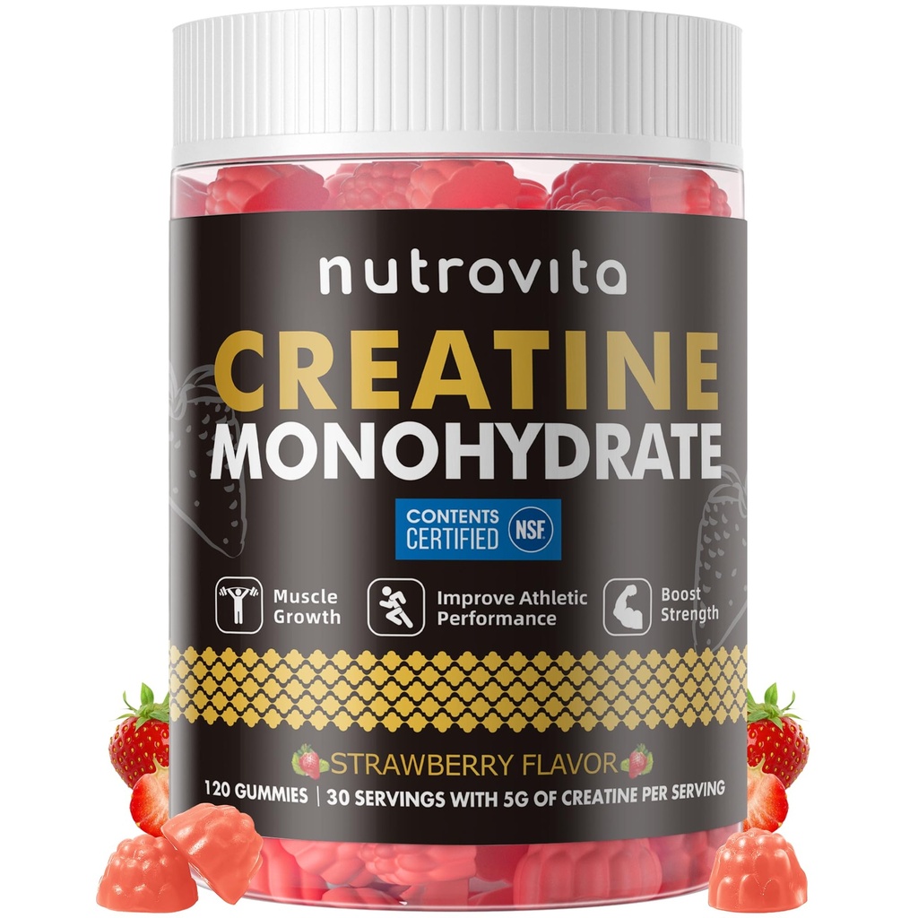 Nutravita NSF Certified Creatine Gummy - Creatine Monohydrate Gummi für Männer & Frauen-5g Creatine Monohydrate per Servieren - Sugar Free, Vegan, Erdbeeren Flavor, 120 Count