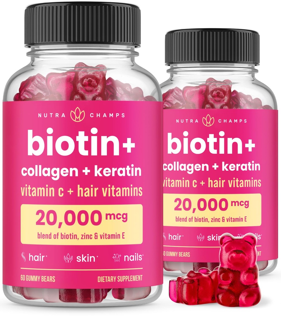 NutraChamps Hair Skin & Nails Gummis, Biotin mit Collagen & Keratin, 5000mcg Biotin Beauty Complex, Vitamin Supplement, Berry, 120 Count, Gesundes Haar, Radiant Skin & Strong Nails (Pack von 2)