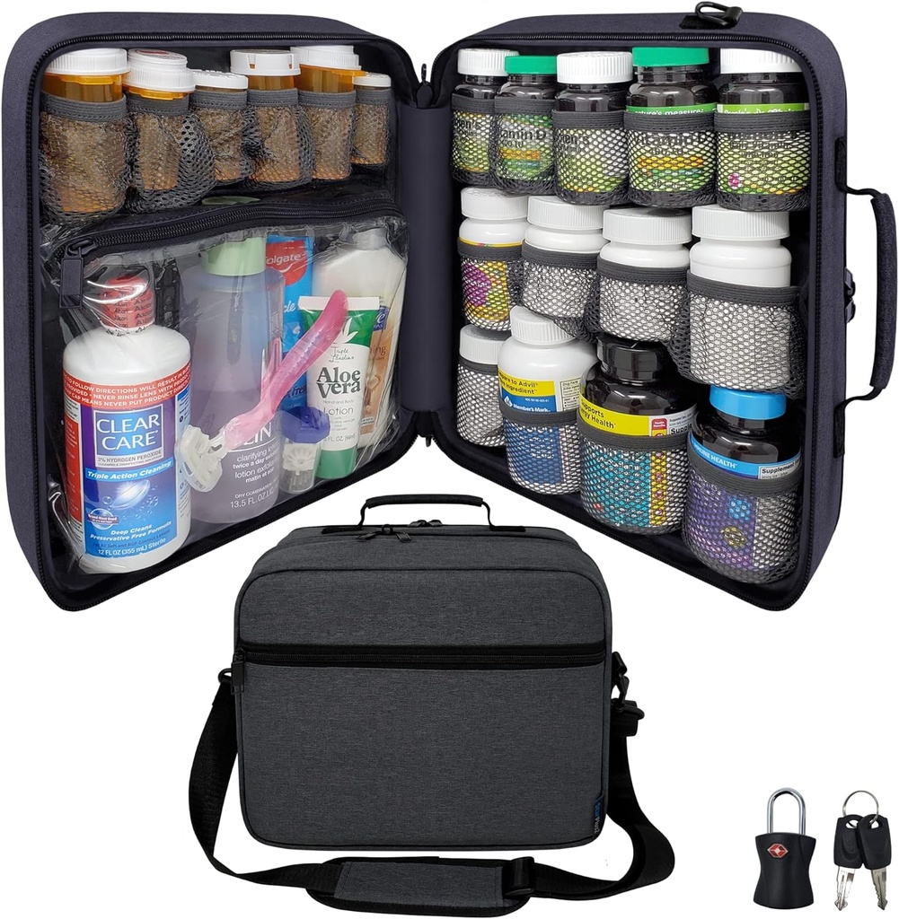 Extra-Large Pill Bottle Organizer, Medizinbeutel, Träger für Medikamente, Vitamine und medizinische Versorgung - Modulare Reisemedizin Organizer und Home Storage Med Bag - Dark Gray (mit Schloss)
